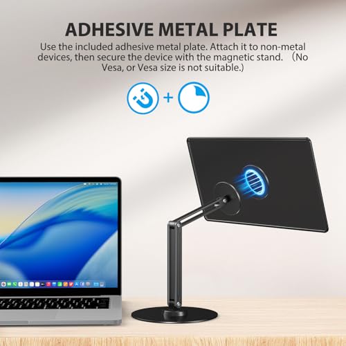 UPERFECT Portable Magnetic VESA Stand, All-Aluminum Adjustable Arm for 10–18.5″ Devices, 75×75mm VESA, Adhesive Metal Plates, 360° Swivel Base, Supports up to 4.4 lbs, Travel Desk Stand