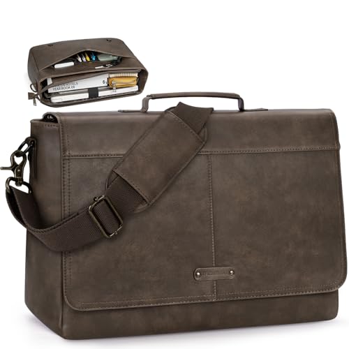 RAINSMORE Vintage Flap Messenger Bag for Men PU Leather Laptop Bag 15.6 Inch Mens Briefcase Waterproof Satchel Computer Bag - color: Wood