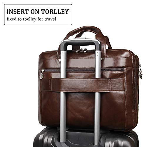 Leather Briefcase for Men, 15.6 Inch Laptop Business Travel Bag | 100% Full Grain Leather | YKK Zipper | Fits 15.6" Laptop | 8 Card Slots + 3 Pen Sleeves | Detachable Strap & Trolley Sleeve - color: Coffee-1