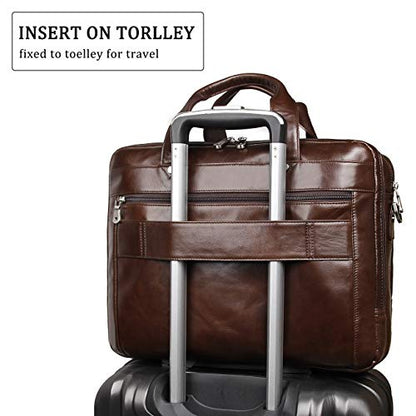 Leather Briefcase for Men, 15.6 Inch Laptop Business Travel Bag | 100% Full Grain Leather | YKK Zipper | Fits 15.6" Laptop | 8 Card Slots + 3 Pen Sleeves | Detachable Strap & Trolley Sleeve - color: Coffee-1