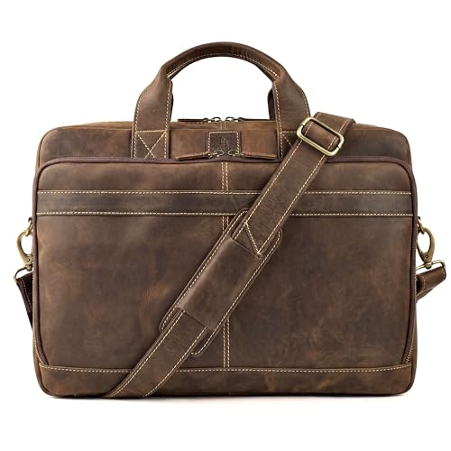 Full Grain Leather Messenger Bag for Men, 16” Briefcase Laptop Satchel Vintage Professional Office Work & Travel Bag - color: Rustic Brown