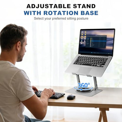 Laptop Cooling Stand with 2 Detachable Fans, 360° Rotating Adjustable Laptop Stand, Carbon Steel Ergonomic Laptop Riser, Anti-Slip Base for 10-17.3" Notebook MacBook, Office Home Gaming - color: Silver