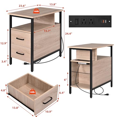 Side Tables with Charging Station, Narrow End Table with 2 Wooden Drawers, USB Ports and Power Outlets, Narrow Nightstand and Bedside Table, Side Tables Living Room, Bedroom, Greige - color: Greige