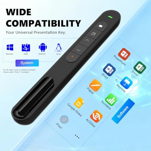 Presentation Clicker for Powerpoint Presentations, Black, A | Long-Range Wireless Presenter Remote, Magnetic USB Receiver, PowerPoint Clicker Compatible with Windows/Android/macOS/Linux - color: Black