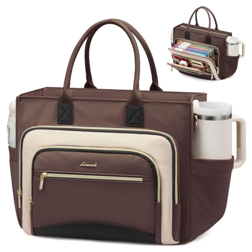 LOVEVOOK Work Tote Bags for Women,Laptop Teacher Bag With File Organizer | Large Cup Holder,Teacher Tote Bag,Nurse Bags,Multi-Pockets Professional Briefcase Business Purses Handbag - color: Khaki-dark Brown, size: 17.3 inch