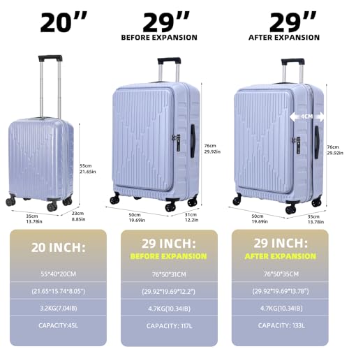 Kaleenie 2 PCS 20/29 Luggage Sets, 20” Cabin Luggage 29” Side Open Suitcase | 20 Inch with Front Pocket,29 Inch Checked Trunk Suitcase,Lightweight ABS+PC Hardshell,TSA Lock,HINOMOTO Wheels,Lilac Purple - color: Lilac Purple, size: 20/29 Set