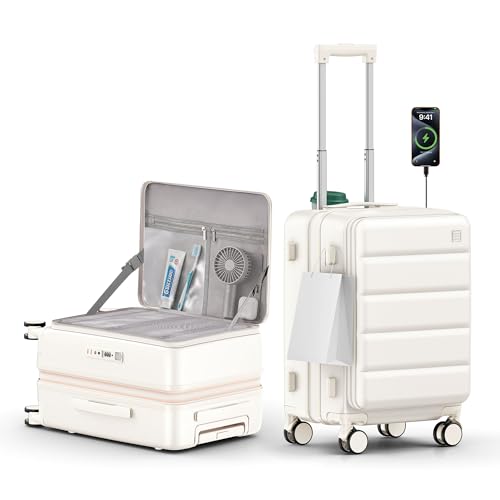 Expandable 20Inch Carry On Luggage Airline Approved - Top Opening Hardside Travel Suitcase Unbreakable -with Cup Holder,USB Charge,Side Pothook, 360°Spinner Wheels, TSA Lock-White - color: Milky White, size: 20 Inch-EXT