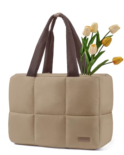 LOVEVOOK 15.6 inch Laptop Bag for Women，Briefcase Computer Bag Puffer Tote - color: Khaki