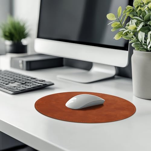 Mouse Pad，Round Mouse Pad，PU Mouse Pad，Leather Mouse Pad with Stitched Edge Micro-Fiber Base with Non-Slip Waterproof，Mouse Pad for Computers，Laptop，9 x 9 Inch (Caramel Brown) - color: Caramel Brown, size: 9L x 9W inches