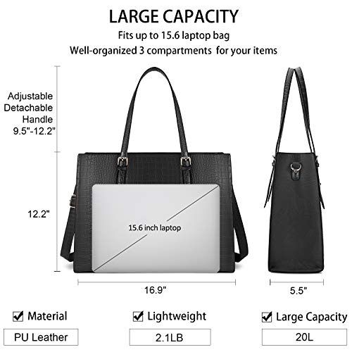 Laptop Bag for Women 15.6 Inch Crocodile Leather Tote Bag Water-resistant Work Briefcase Business Computer Shoulder Bag for Travel Teacher Nurse Professional Handbag,Black - color: Black