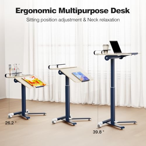 ROMOON Portable Standing Desk with Wheels, Height Adjustable Mobile Desk | Rolling Laptop Cart with Tilt Top, Storage, 24" Sit-Stand Computer Table for Home Office, Bedroom, Small Spaces, Oat Yellow - color: Oat Yellow