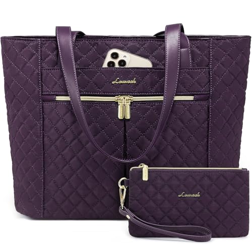 LOVEVOOK Laptop Bag for Women, Stylish Diamond Quilted Work Tote with Clutch Purse, 15.6-inch Purple Tote - color: Purple(quilted), size: 15.6 Inch