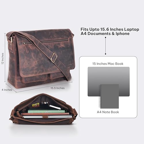 VALENCHI 15" Full Grain Leather Laptop Messenger Bag For Men & Women - Padded 15.3" Laptop Compartment, Ample Storage & Pockets, Premium Natural Leather (Brown Oily Hunter) - color: Brown Oily Hunter
