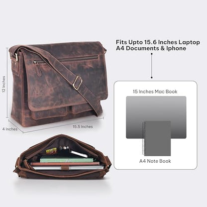 VALENCHI 15" Full Grain Leather Laptop Messenger Bag For Men & Women - Padded 15.3" Laptop Compartment, Ample Storage & Pockets, Premium Natural Leather (Brown Oily Hunter) - color: Brown Oily Hunter