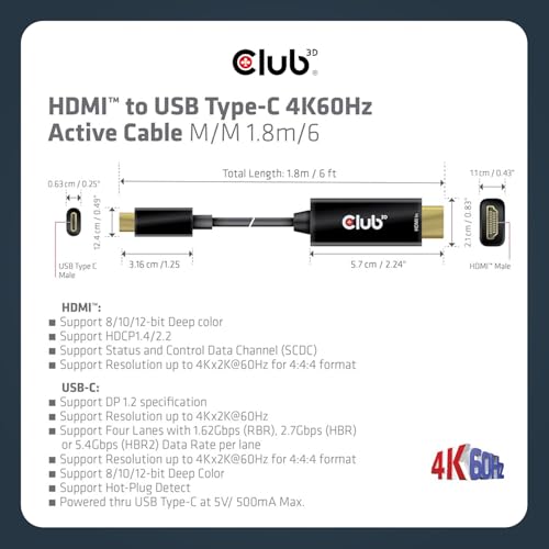 Club 3D 4K 60Hz HDMI to USB Type C Video Cable HDMI 2.0 (Male) to USB Type C (Male) Active Monitor Converter 1.8m/6 Feet CAC-1334 - style: Cable M/M 1.8m