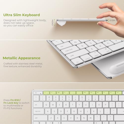 seenda Bluetooth Keyboard and Mouse for Mac, COS500 Multi-Device Rechargeable Keyboard Mouse with Quiet Keys, Full Size Slim Combo Compatible for MacBook Pro/Air, Mac, iPad, iPhone - White Silver
