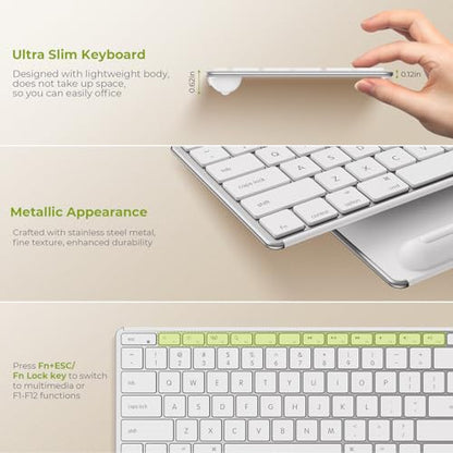 seenda Bluetooth Keyboard and Mouse for Mac, COS500 Multi-Device Rechargeable Keyboard Mouse with Quiet Keys, Full Size Slim Combo Compatible for MacBook Pro/Air, Mac, iPad, iPhone - White Silver