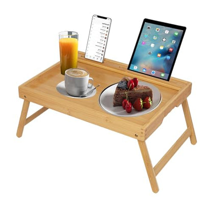 Artmeer Bamboo Bed Tray, Folding Legs, Phone/Tablet Slot, Medium, Bamboo | FSC-certified bamboo bed tray with phone/tablet slot, folding legs, handles and raised edges for meals, laptops and reading. - color: Bamboo, size: Medium