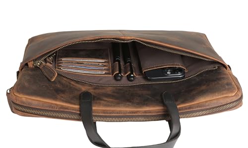 KomalC Leather Laptop Sleeve 15.5" with Trolley Strap, Fits up to 16" Laptop, Slim Office Bag with Shoulder Strap - color: Hunter