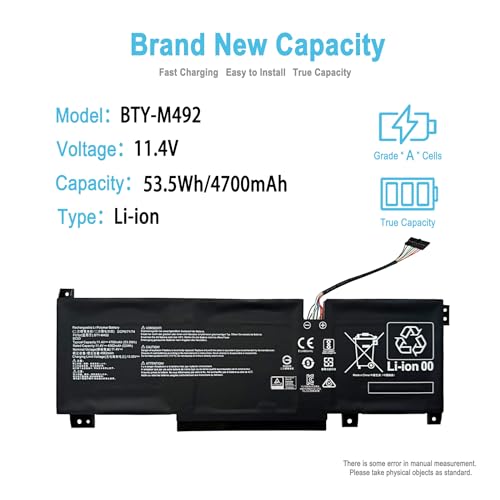 53.5Wh BTY-M492 Replacement Laptop Battery for MSI Pulse GL66 11UEK-016AU 11UDK-255VN 11UCK Katana GF66 GF76 11UC 11SC 12UD 12UG 12UGS Crosshair 15 17 A11UEK Series 4700mAh 11.4V