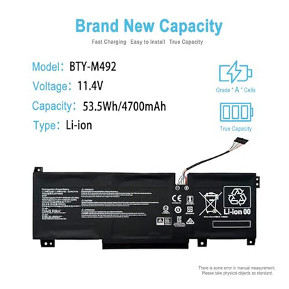 53.5Wh BTY-M492 Replacement Laptop Battery for MSI Pulse GL66 11UEK-016AU 11UDK-255VN 11UCK Katana GF66 GF76 11UC 11SC 12UD 12UG 12UGS Crosshair 15 17 A11UEK Series 4700mAh 11.4V