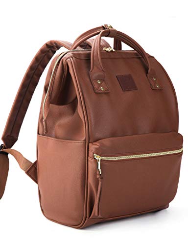 Kah&Kee Leather Laptop Backpack for Women 16 inch Teacher Work Travel Bag | Premium water-resistant PU leather. Fits 15.6″ & 16″ laptops. Anti-theft pocket, luggage strap. Ideal for daily commute. - color: Brown, size: Large