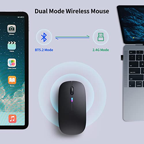 KANMABPC Wireless Bluetooth Mouse – Rechargeable, Silent, Dual Mode (Bluetooth 5.2 & USB) with LED Lights – Portable for Laptop, Desktop, & Tablet(Black) - color: Black