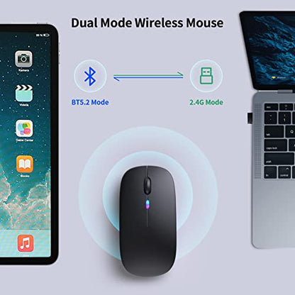 KANMABPC Wireless Bluetooth Mouse – Rechargeable, Silent, Dual Mode (Bluetooth 5.2 & USB) with LED Lights – Portable for Laptop, Desktop, & Tablet(Black) - color: Black