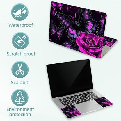Universal Laptop Skin Decal, 3-Piece Vinyl Protector for 12 13 14 15.6" Notebook, Waterproof Anti-Scratch, Easy Trim & Bubble-Free Finish, Purple Rose and Butterfly - color: Purple Rose and Butterfly