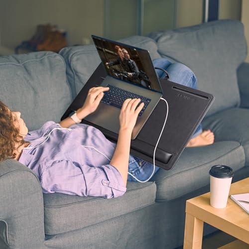 CENNBIE Leather Lap Desk with Memory Foam Cushion 24x16 Inches (Black) | Adjustable Portable Laptop Tray Fits 17 / 19 Inch Notebook - Built-in Wrist Rest Lightweight Computer Desk - color: Black