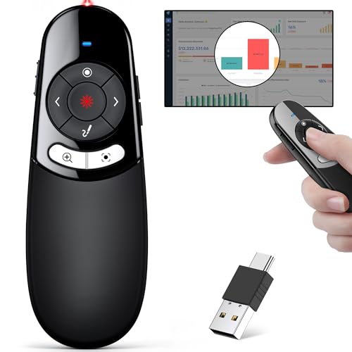 2 in 1 Type C USB Presentation Clicker with Physical and Digital Function, RF 2.4GHz Wireless Presenter Remote PPT Clicker for Computer Presentations, Slide Advancer for Mac Laptop - color: Red Light-Digital