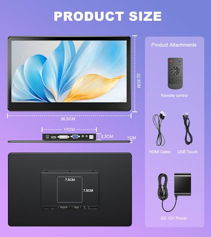 15.6 Inch 1080P IPS Industrial Touchscreen Portable Monitor | Full HD IPS touch screen with HDMI/VGA/DVI/USB touch, 75x75 VESA mount for laptop PC, built-in speakers, for Ras Pi POS Kiosk - size: 15.6-inch