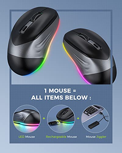 PEIOUS Wireless Mouse, Jiggler Mouse for Laptop - LED Mouse Rechargeable Computer Mice Mouse Mover Undetectable Random Movement with On/Off Button Keeps Computer Awake - Black&Grey | 2-in-1 rechargeable LED mouse with jiggler mode, random movement, On/Off