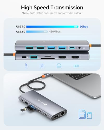 NOVOO 14 in 1 Docking Station Dual Monitor with Thunderbolt 3 to 4K HDMI | Laptop Docing Station with Dual 4K60 HDMI+8K30 DP, USB C/A Data. 100W PD RJ45 SD/TF Audio - style: 14-in-1