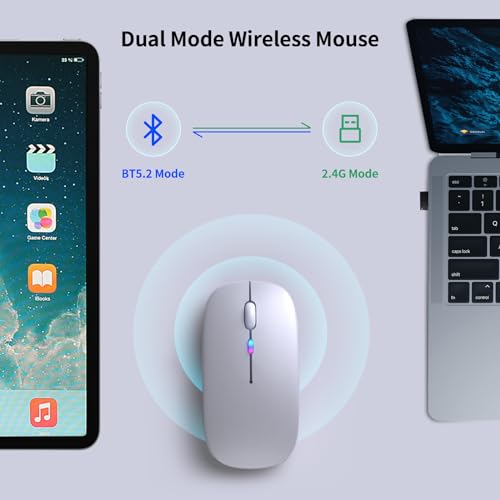 KANMABPC Wireless Bluetooth Mouse – Rechargeable, Silent, Dual Mode (Bluetooth 5.2 & USB) with LED Lights – Portable for Laptop, Desktop, & Tablet(Silver) - color: Silver