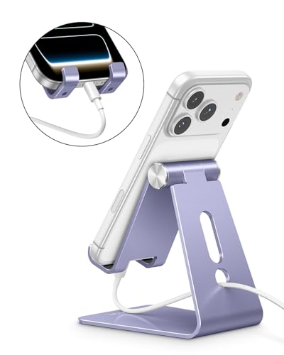 OMOTON Adjustable Cell Phone Stand, C2 Aluminum Desktop Cellphone Stand with Anti-Slip Base and Convenient Charging Port, Fits All Smart Phones, Haze Purple | Sturdy 3mm Aluminum, Charging Port, 270° Adjustable, Non-Slip Silicone Pads, Works with Thick Ca