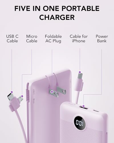 VRURC Portable Charger, Power Bank Built-in Cables and AC Wall Plug | USB C Power Bank 10000mAh Travel Essentials Phone Charger Compact External Battery Pack For Smart Phones, Tablets etc-Purple - color: Purple