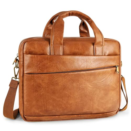 Faux Leather Messenger Bag for Men 17.3 Inch: Laptop Bag Briefcase Computer Handbags Shoulder Crossbody Bag with Padded Laptop Sleeve for Work College Travel, PU Brown - color: Pu Brown