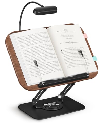 Book Stand for Reading, Adjustable Book Holder with 360° Rotating Bases, Multifunctional Display Stand for Recipe, Cookbooks, Magazines (Dark Wood with Light) - color: Dark Wood With Light