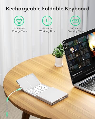 Samsers Foldable Bluetooth Keyboard with Touchpad, Slim Compact, Silver | Multi-touch Trackpad, Full Size, Phone Holder, USB-C Charging, 3 Device, for Android Windows iOS Mac OS, Mobile Productivity - color: Frost Silver, size: 3-Device