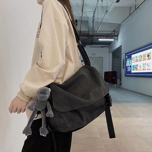 Men's canvas bag, men's and women's Japanese casual crossbody bag, men's large capacity canvas messenger bag - color: Black