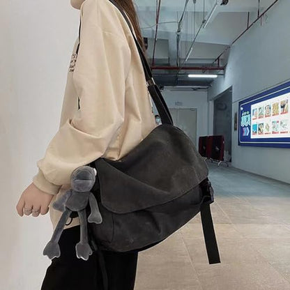 Men's canvas bag, men's and women's Japanese casual crossbody bag, men's large capacity canvas messenger bag - color: Black