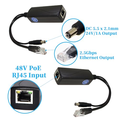 2.5G PoE Splitter 24V/1A, DC 5.5 * 2.1mm Plug, 48V PoE to DC 24V/1A 24W Output, 2.5Gbps Ethernet Comply IEEE802.3af/at, Plug and Play for IP Camera, Smart Home(PS5724TG) - style: (PS5724TG) 24V/1A 5.5 * 2.1mm