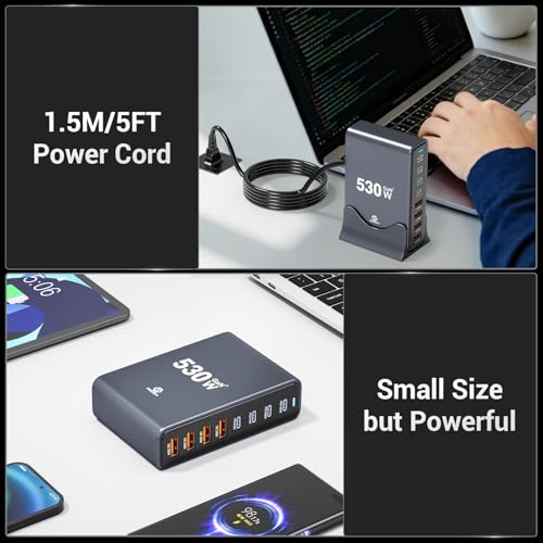 530W USB C Charging Station, 8-Port Desktop Charger, PD 140W PD 65W QC 30W GaN Ⅲ Fast USB Charger Block for MacBook, Ipad, iPhone, Samsung - color: 530W
