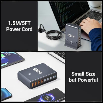 530W USB C Charging Station, 8-Port Desktop Charger, PD 140W PD 65W QC 30W GaN Ⅲ Fast USB Charger Block for MacBook, Ipad, iPhone, Samsung - color: 530W