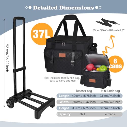 INSMEER Rolling Teacher Bag with Wheels,Wheeled Teacher Tote Bag with Insulated Lunch Bag,with Padded Laptop Compartment - color: Black