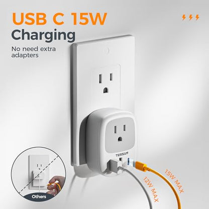 TESSAN Wall Charger Block 3 USB Charging Ports 1 USB C 1 AC Outlet Splitter | 1875W Wall Outlet Extender, Multi Plug Adapter for Cruise, Home, Office, Dorm Room Essentials, Grey