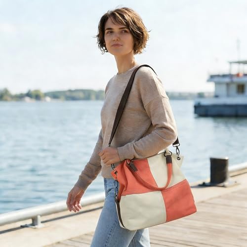 Women's Canvas Color Block Tote Bag Convertible Crossbody Hobo Handbag Lightweight Shoulder Bag for Daily Travel Work - color: Red