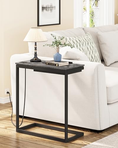 TUTOTAK Large C Shaped End Table, Side Table with Charging Station C Table | Tilting Laptop Stand with Storage, Computer Couch table for Living Room, Bedroom, Charcoal Grey TB01BY090 - color: Charcoal Grey, style: Plug