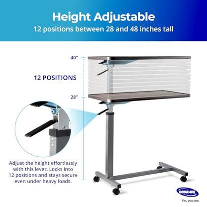 Invacare Bed Table, Height Adjustable & Tilting Overbed Table, Hospital Bedside Table, Medical Rolling Desk with Wheels, Waterproof Medical and Home Use L-Shaped Steel Base Over Bed Tray Table - style: Tilting Overbed Table